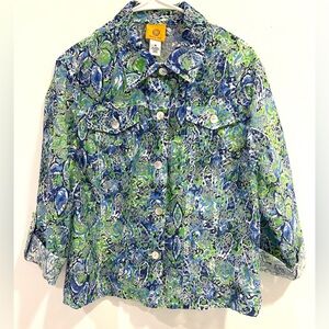 Women’s Ruby Rd. Sheer Button-Up  Roll-Tab 3/4 Sleeves Green Blue Size 16